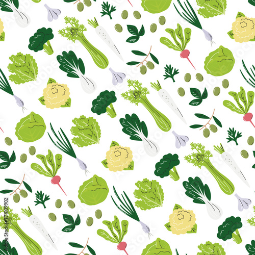 Celery and cauliflower seamless pattern design. Broccoli and many vegetables background isolated on white. Diagonal wrapping paper print design. Cabbage family hand drawn flat vector illustration