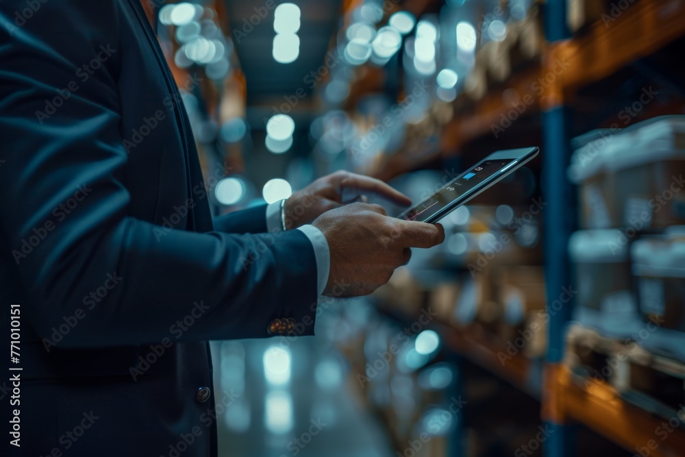 Businessman Checking Inventory at Manufacturing Company on Touchscreen Tablet Generative AI Businessman Checking Inventory at Manufacturing Company on Touchscreen Tablet Generative AI