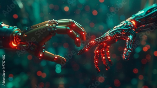 Futuristic Concept of Artificial Intelligence: Robot Hand Shaking Human Hand Generative AI