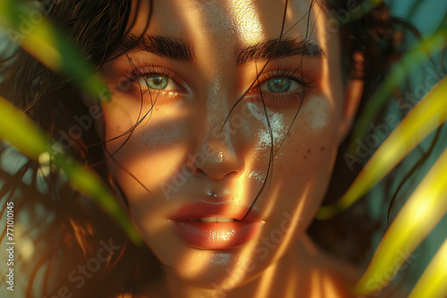 Young girl in harmony in the summer nature portrait and beautiful girl with perfect skin and attractive facial features around green leaves of living plants, palm flowers, tender photo sunlight falls photo