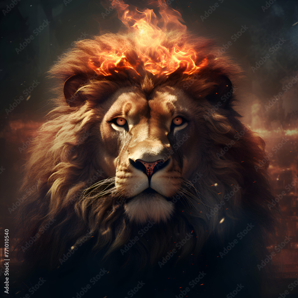 Lion with a fire in his head. Fire and smoke.