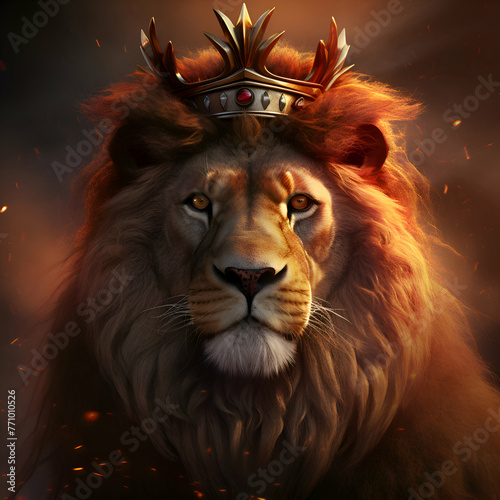 Lion king with crown on his head on dark background