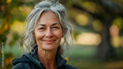 Joyful Mature Woman Smiling in Sportswear during Summer Day at Park Generative AI