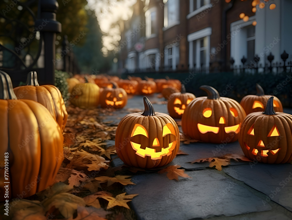 Fototapeta premium Halloween pumpkins on cobblestone walkway in autumn park