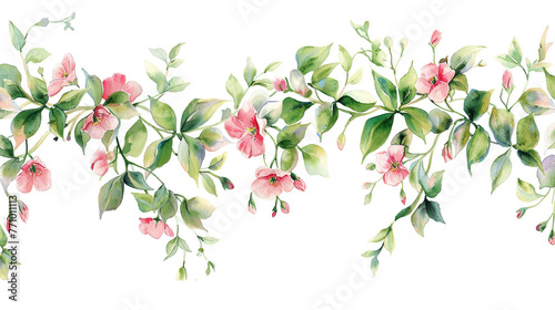  watercolor floral vines, pink and green flowers hanging down from the top of an isolated white background, pastel colors