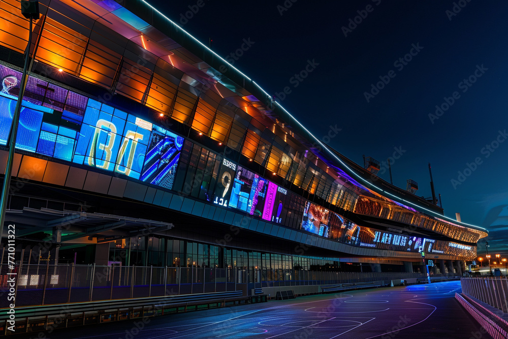 Nighttime view of a basketball arena's exterior, illuminated by LED lights, with a sleek, curved design and digital billboards.