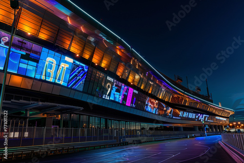 Nighttime view of a basketball arena's exterior, illuminated by LED lights, with a sleek, curved design and digital billboards.