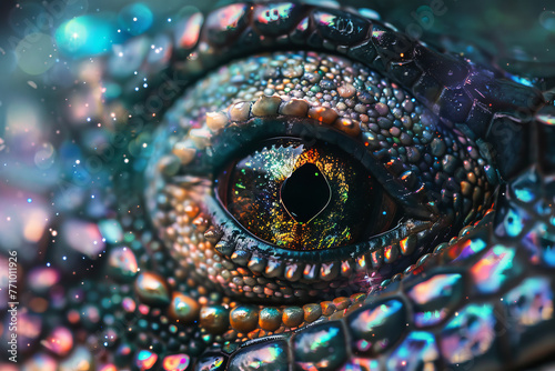 A colorful eye of a lizard with a hole in it photo