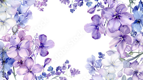 watercolor purple and blue flowers frame on white background, pastel color digital illustration