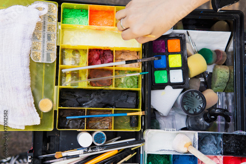 Top view of a makeup artist's case.