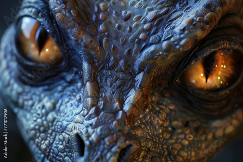 A close up of a blue and orange creature with large eyes