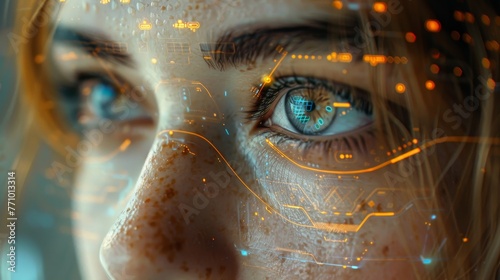 An augmented reality or biometric iris recognition or vision acuity check is shown as a close-up on a female eye with a HUD display. photo