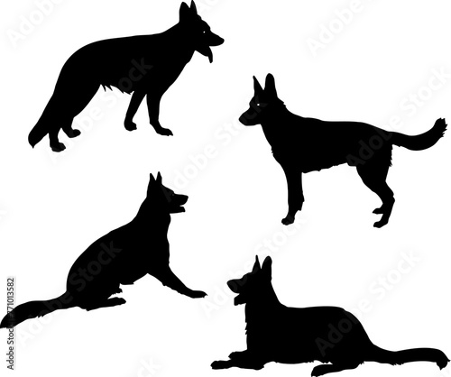 Black Silhouettes of German Shepherd Dogs Sitting, Lying Down and Standing Alert.