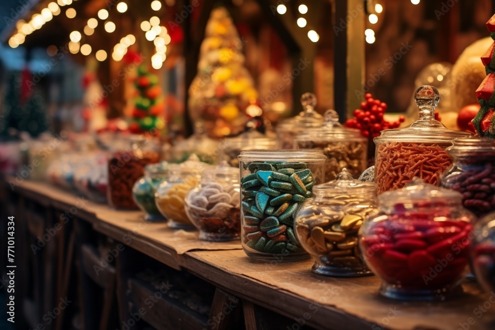 Enchanting Delight: A Vibrant Display of Colorful Candies Adorning a Charming Stall, Inviting All to Indulge in Sweet Temptation