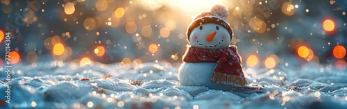Festive Snowman with Bokeh Lights on Snowscape: Winter Holiday Christmas Background Banner