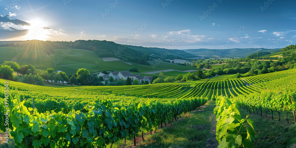 Naklejka premium Panoramic view of sunset over lush vineyard rows with mountains