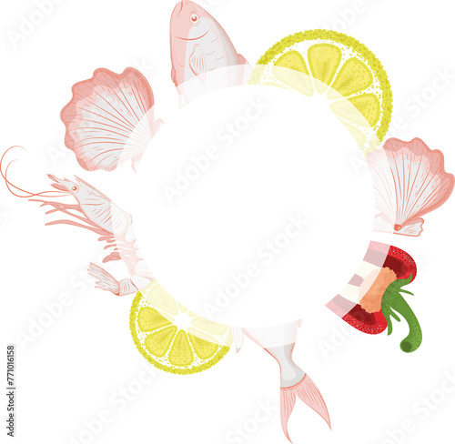 logo on the theme of seafood, shells, fish, shrimp, food logo (ID: 771016158)