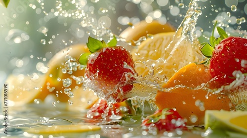 Water splash with fruits and berries on blurred background  close-up. Generative AI