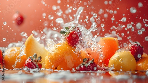 Water splash with fruits and berries on blurred background  close-up. Generative AI