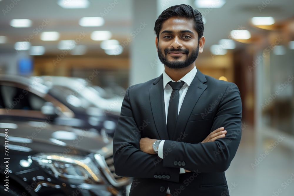 Confident Indian salesman in a suit smiling in a luxury car showroom