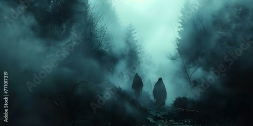 Spooky figures in foggy forest evoke eerie Halloween vibes with ghostly presence and mysterious atmosphere. Concept Halloween Photoshoot  Spooky Forest  Eerie Atmosphere  Ghostly Figures