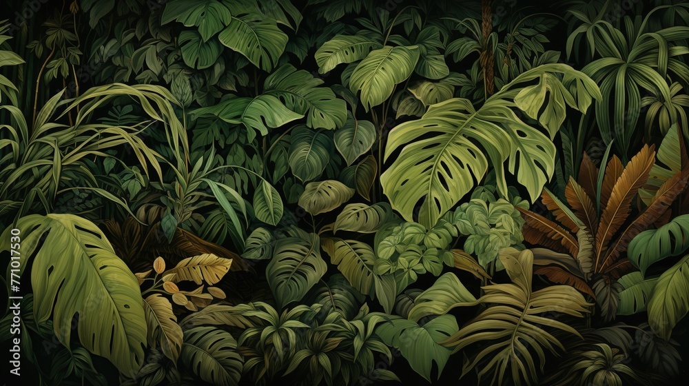 Fototapeta premium Tropical forest wallpaper of jungle and green leaves. Creative nature design background.