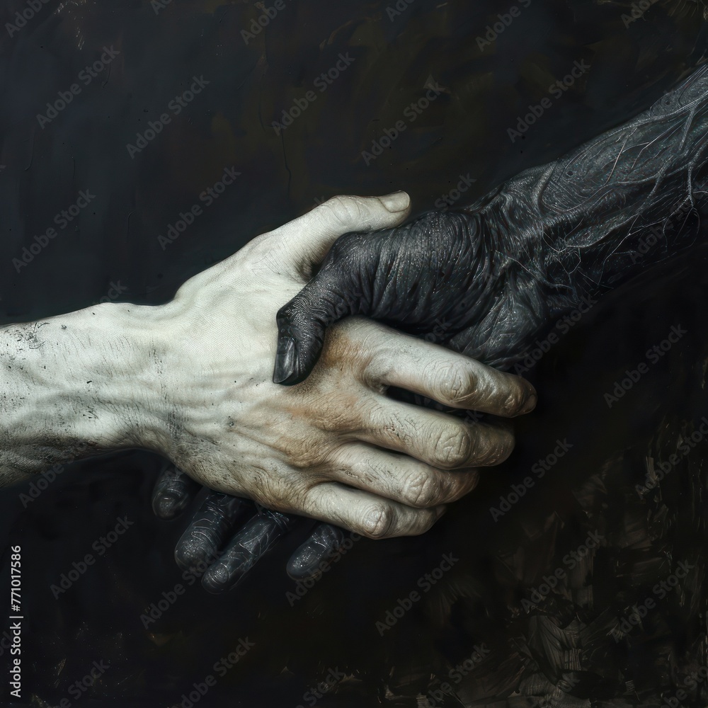 The merging of two realms, angel and demon hands intertwined, in a composition that plays with shadows and highlights