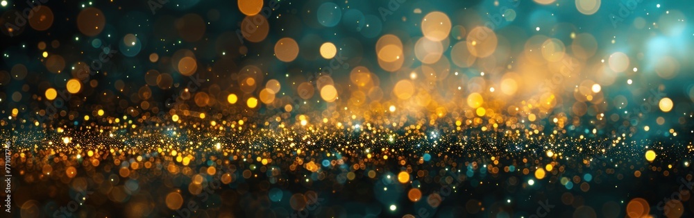 Golden New Year's Eve Party Background with Fireworks and Bokeh Lights on Dark Green Texture - Illustration Panorama