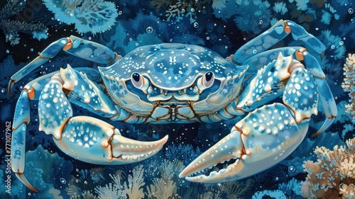 A curious crab exploring a patch of coral, illustrated in warm and inviting shades of blue