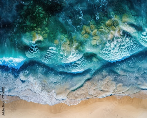 A series of wave patterns rolling onto the shore, each layer a different, vibrant hue of blue and green