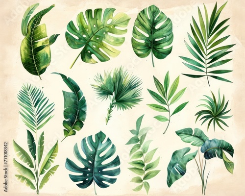 An arrangement of various tropical leaves in a watercolor style  each leaf a different shade of green against a solid beige backdrop