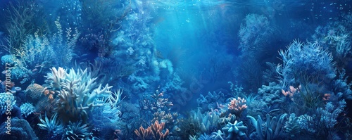 An undersea garden of coral and seaweed, with every stroke of the brush bringing to life the textures in shades of blue