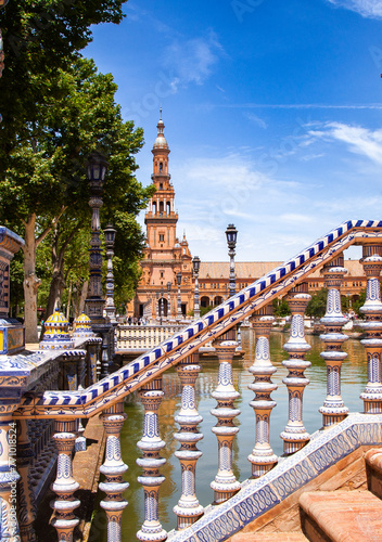 Balustrade on steps in Plaza de Espana, Seville with cathedral in background