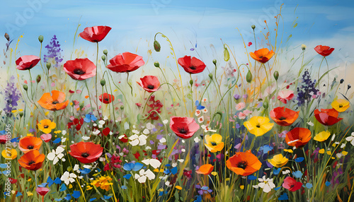Poppies and wildflowers in a green meadow with blue sky