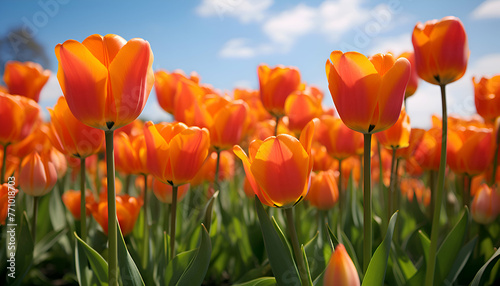 Orange tulips in an agricultural field in sunlight in spring