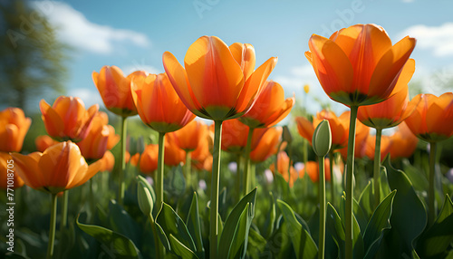 Orange tulips in a field on a sunny day