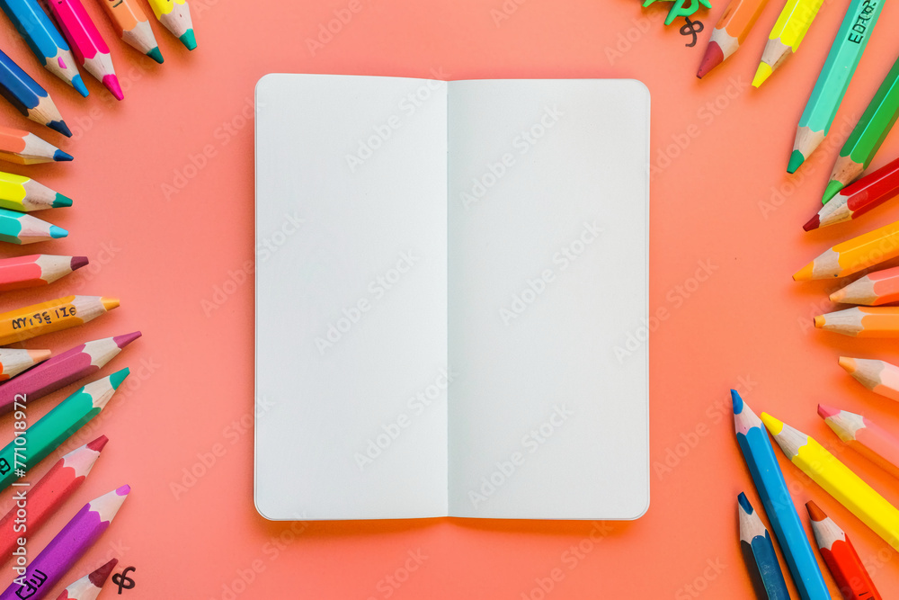Fototapeta premium photo of a single blank book page centered on the image. on a solid background. with crayons, the vibes are kid-party-friendly