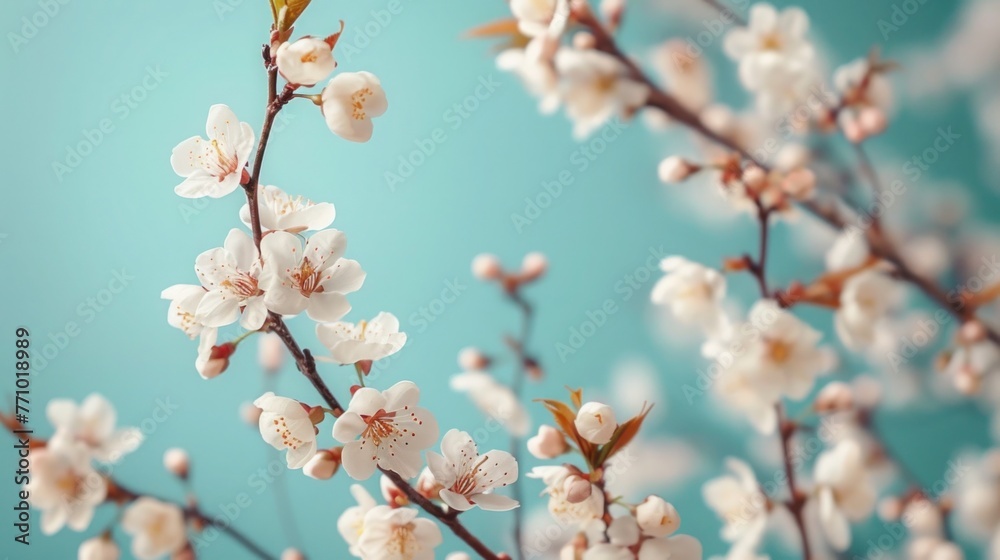 Spring Cherry Blossom Branches on Turquoise Background with Copy Space - Nature and Holiday Concept Spring Cherry Blossom Branches on Turquoise Background with Copy Space - Nature and Holiday Concept