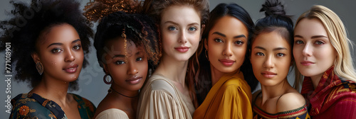 Group portrait of six beautiful ladies with different skin and hair color photo
