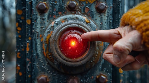 A man is depicted pushing a big red start-stop alarm panic button with his finger.