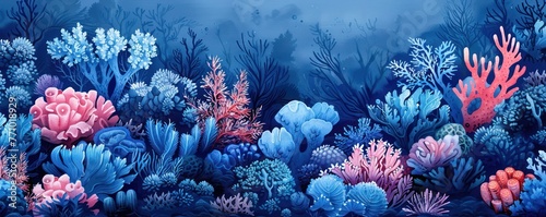 Detailed blue watercolor of a coral reef ecosystem, summer underwater theme