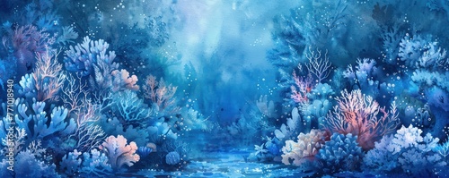 Detailed blue watercolor of a coral reef ecosystem  summer underwater theme