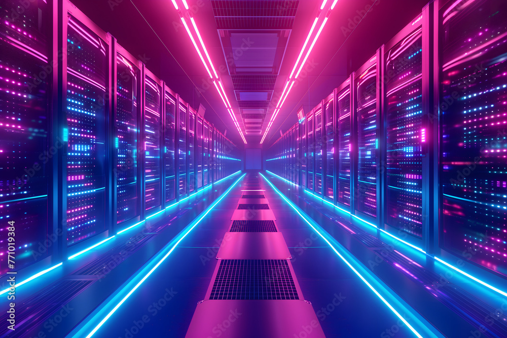 Futuristic Server room. server room neon lights futuristic, cyberpunk utopian server room. 