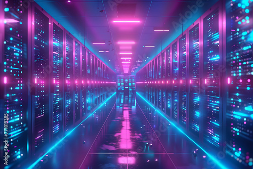 Utopian Server Room, science fiction futuristic server room, long hallway emitting lights from servers.  © AsoArt