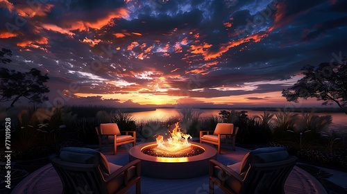 an image that captures the epitome of opulence, with decadent chairs surrounding an inviting fire pit  photo