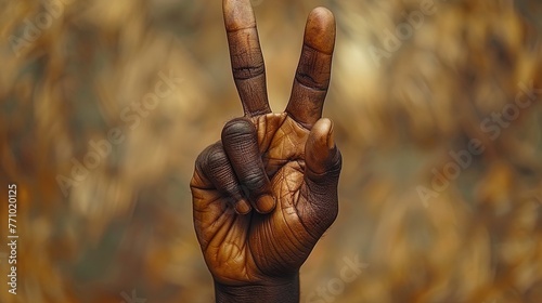 The detailed view of a hand holding up two fingers against a neutral backdrop, conveying a messa #771020125