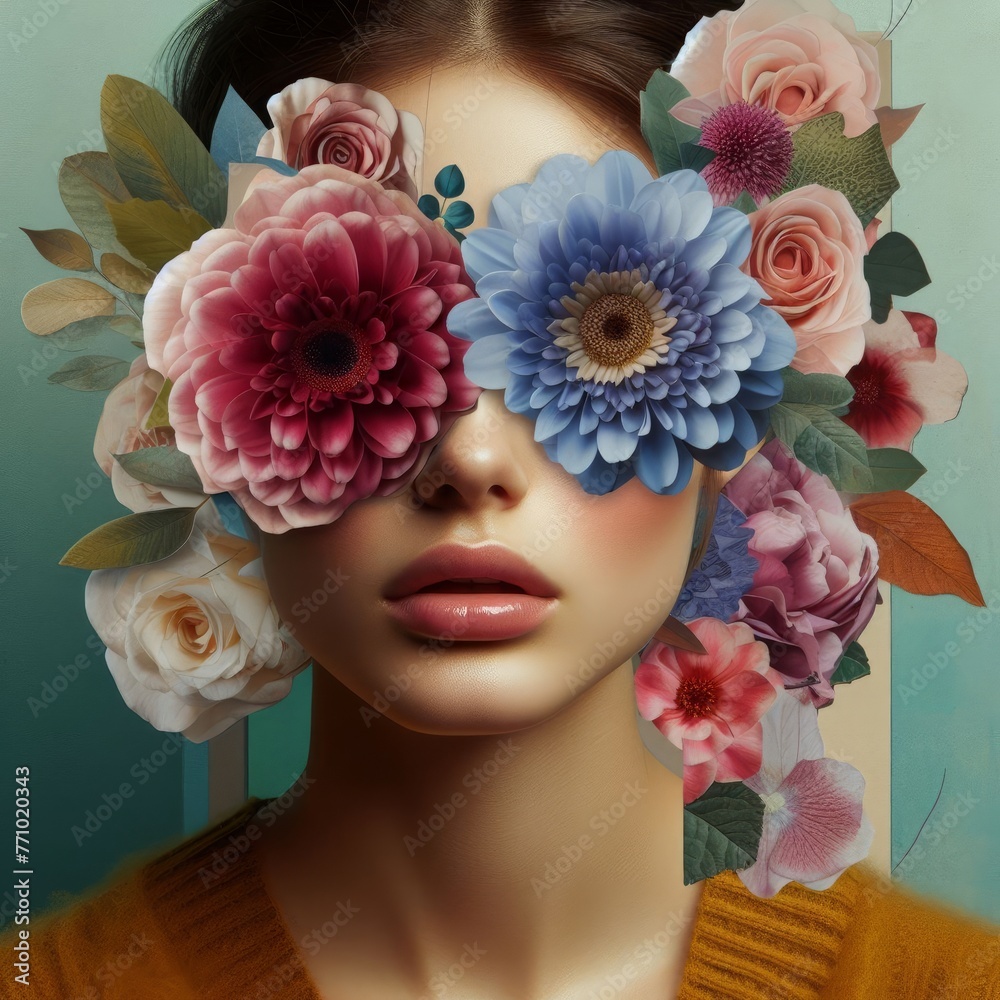 Abstract contemporary art collage portrait of young woman with flowers on face hides her eyes
