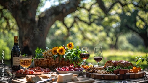 A shaded picnic under an oak tree featuring charcuterie, salads, and desse photo
