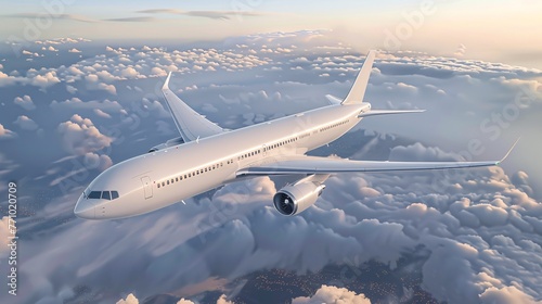 Soaring above  A meticulously rendered 3D realistic airplane, isolated and poised for flight in a depiction of modern travel