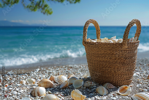 Moroccan beach with white shells on the beach and straw baskets, sunny and dreamy, overlooking angle, Cinematic, advanced color scheme, studio lighting, dark oppressive background, hyper-realistic, ul